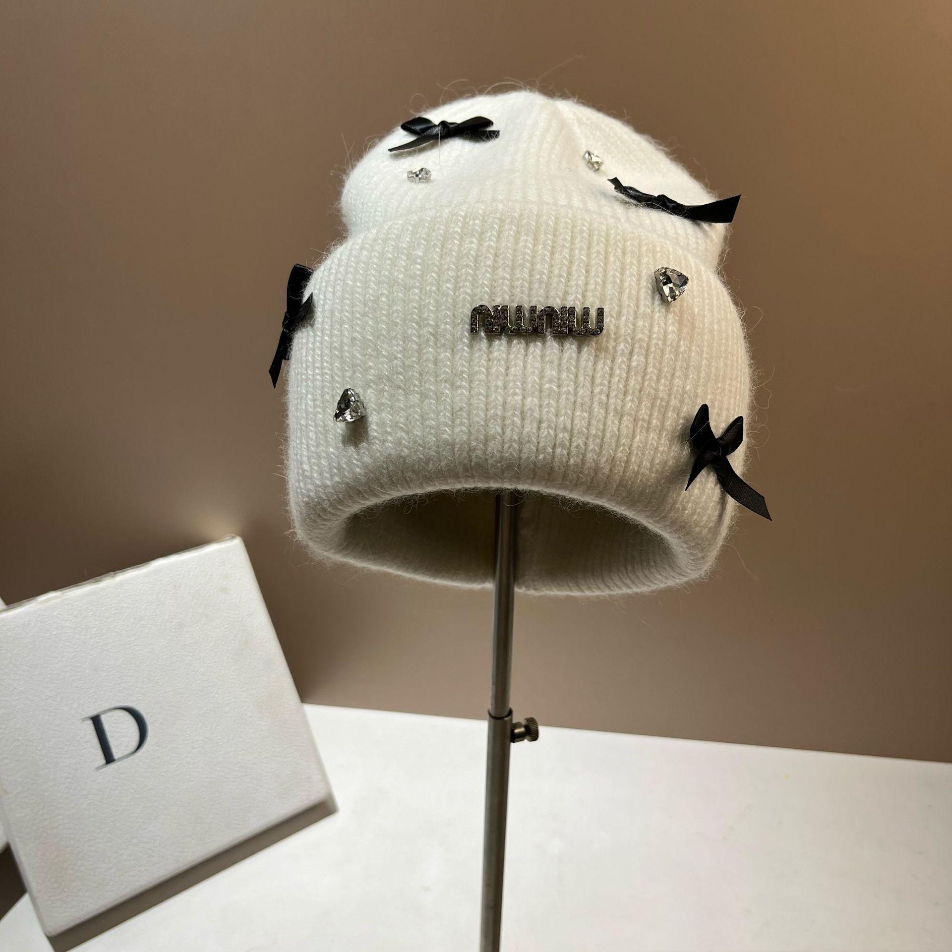 冬季兔毛针织帽蝴蝶结水钻保暖