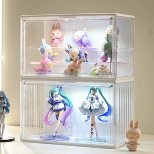 带灯感应手办展示柜集装箱盲盒收纳架泡泡玛特积木摆件透明盒