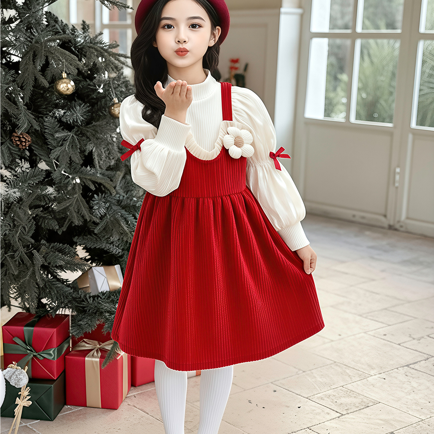 女童新年装拜年服甜美背心裙2025秋冬洋气加绒加厚过年圣诞连衣裙