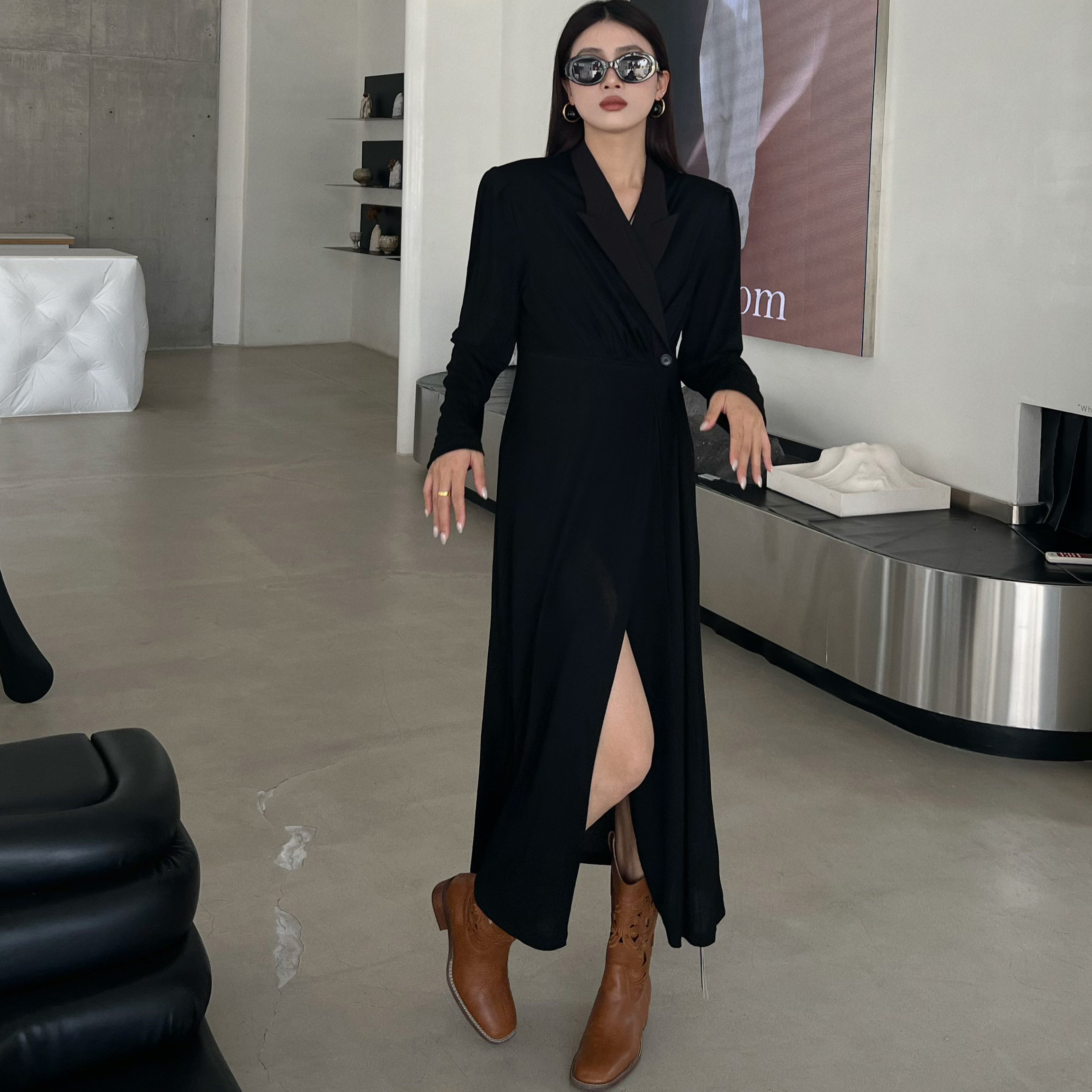 2025春季新款韩版西装领长袖修身显瘦风衣外套女中长款气质上衣