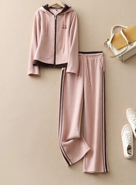 休闲运动套装2025年春秋新款女连帽外套直筒裤两件套运动服