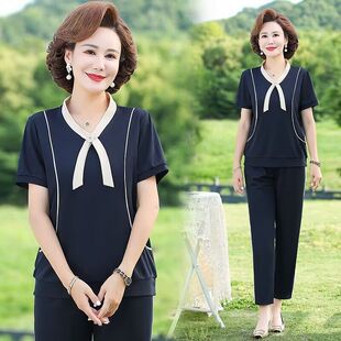时尚妈妈夏装套装中年洋气短袖上衣女中老年夏季休闲运动服两件套