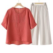 妈妈装 300斤大码 上衣 T恤女夏季 中年时尚 高档休闲衬衫 女刺绣短袖