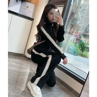 运动套装女2024秋冬装新款时尚港风卫衣加绒加厚阔腿裤休闲两件套