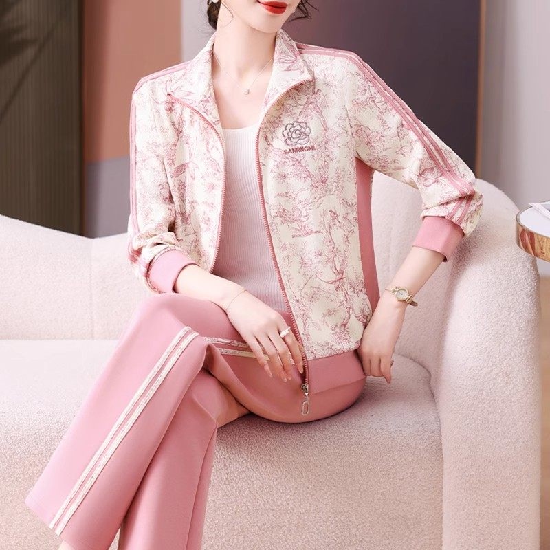 新款春秋装印花长袖裤套装2025中老年妈妈气质洋气减龄运动服套装