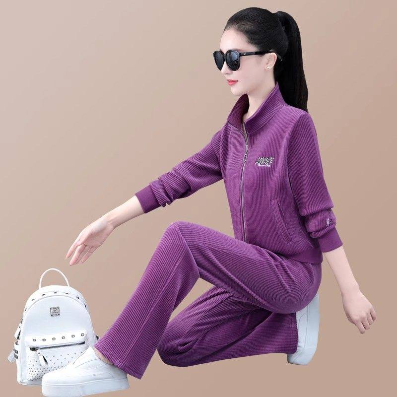 春秋时尚运动套装女2025新款洋气质条绒女士减龄宽松休闲服两件套