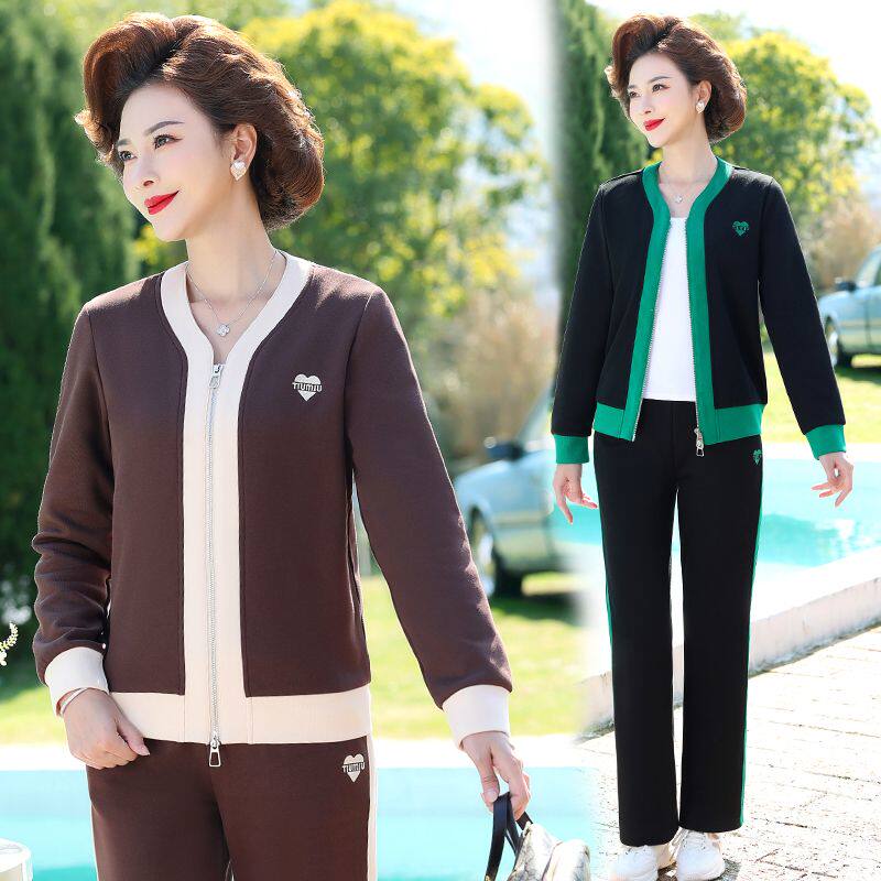 年轻妈妈春装2024爆款运动服套装休闲中老年女装春秋外套大码上衣