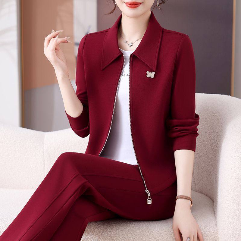 休闲洋气翻领中年外套2025新款显瘦妈妈两件套减龄运动套装女春秋