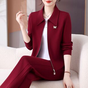 休闲洋气翻领中年外套2025新款 女春秋 显瘦妈妈两件套减龄运动套装