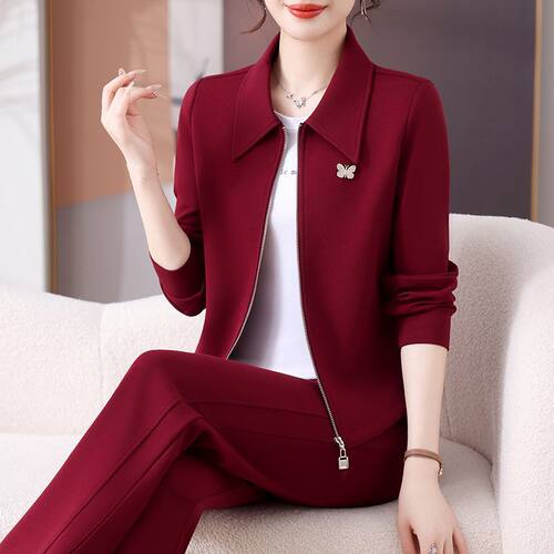 休闲洋气翻领中年外套2025新款显瘦妈妈两件套减龄运动套装女春秋