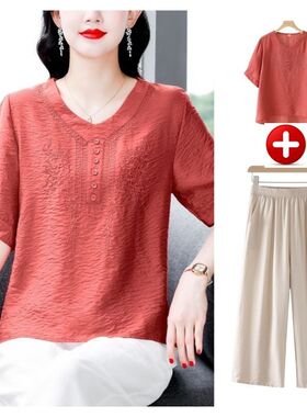 天丝麻套装女刺绣短袖T恤女夏季新款中年妈妈装两件套裤子上衣