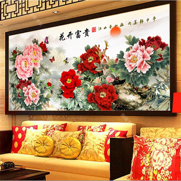 2018客厅方钻满粘贴钻石画十字绣工笔牡丹蝴蝶彩雕背景墙花开富贵
