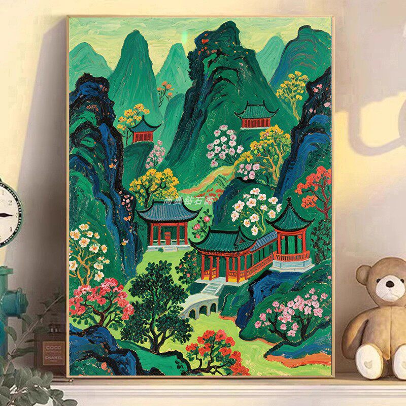 DIY方钻满钻手工贴钻点钻钻石画钻石绣带钻套件绿色山间亭子花园