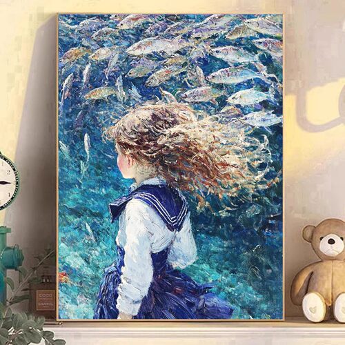 欧式DIY方钻满钻钻石画海水鱼群少女侧影手工贴钻钻石绣带钻套件