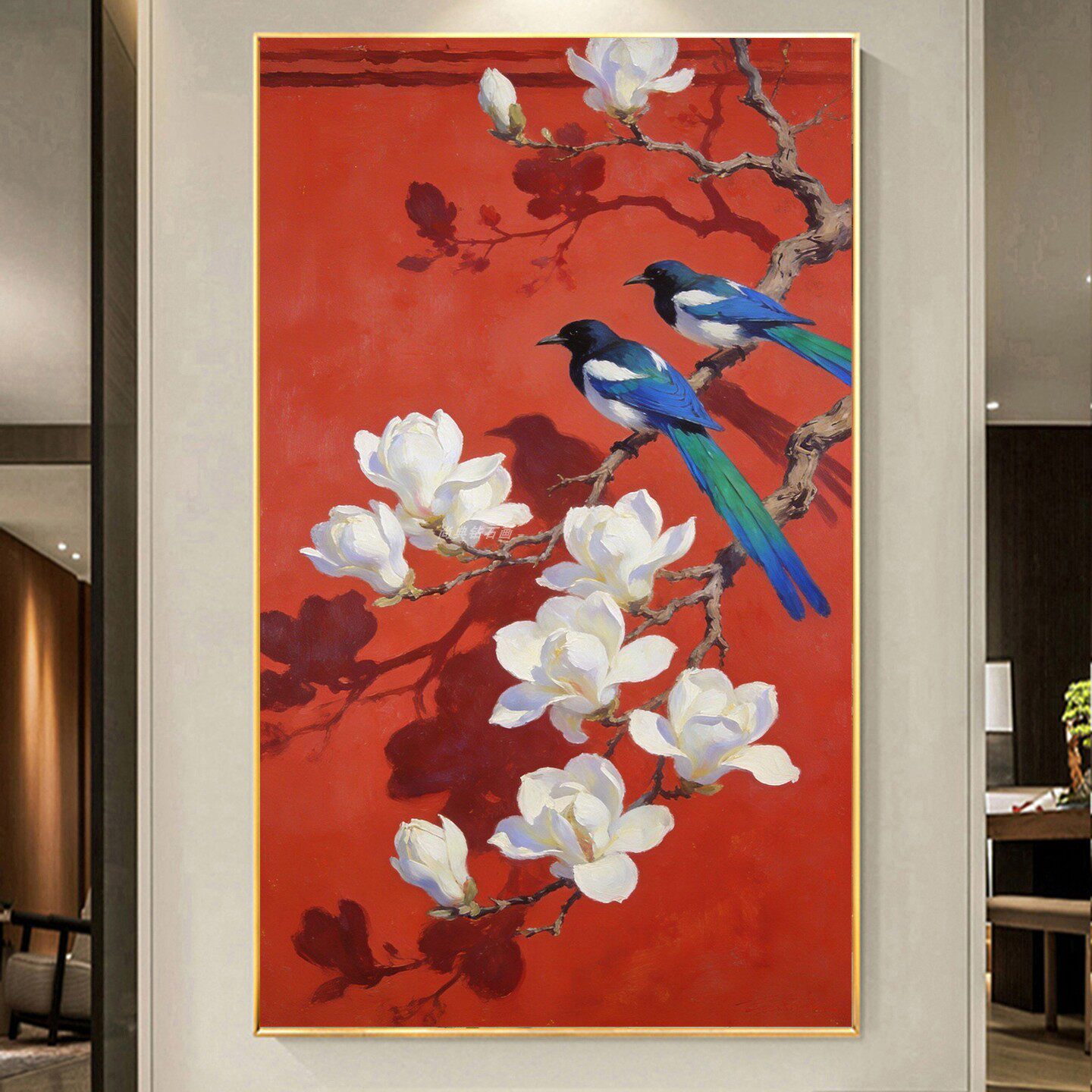 DIY树脂方钻满钻钻石画贴钻石绣红色宫墙前的白玉兰花双鸟图玄关