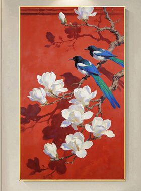 DIY树脂方钻满钻钻石画贴钻石绣红色宫墙前的白玉兰花双鸟图玄关