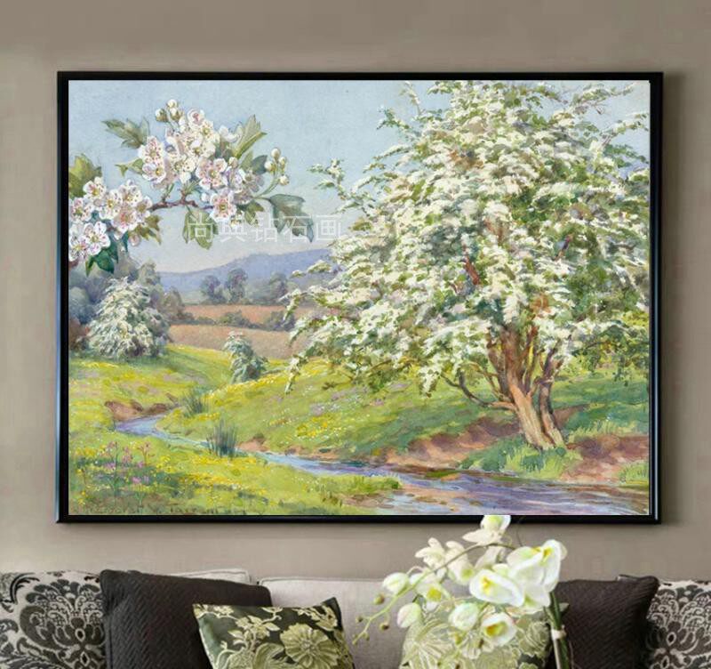 田园风DIY方钻满钻钻石画园子里的苹果花树手工沾贴钻十字绣带钻