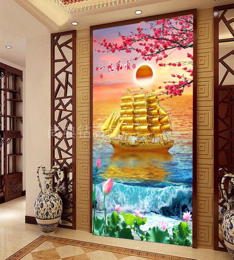 中式走廊屏风方钻满贴钻石画点钻十字绣黄金帆船一帆风顺玄关竖版