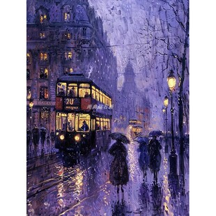 欧式DIY全粘贴钻方钻满钻钻石画钻石绣雨中都市紫色浪漫公车夜景