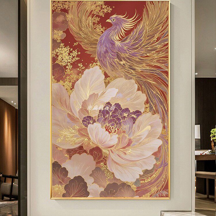 新中式DIY方钻满贴钻钻石画钻石绣带钻白色牡丹花金紫色凤凰玄关