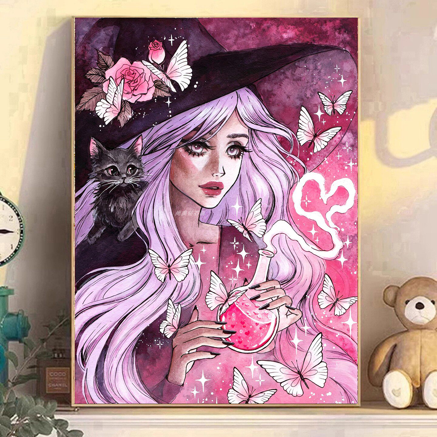DIY树脂方钻满钻钻石画粘贴钻钻石绣带钻粉色魔水魔女蝴蝶黑猫咪