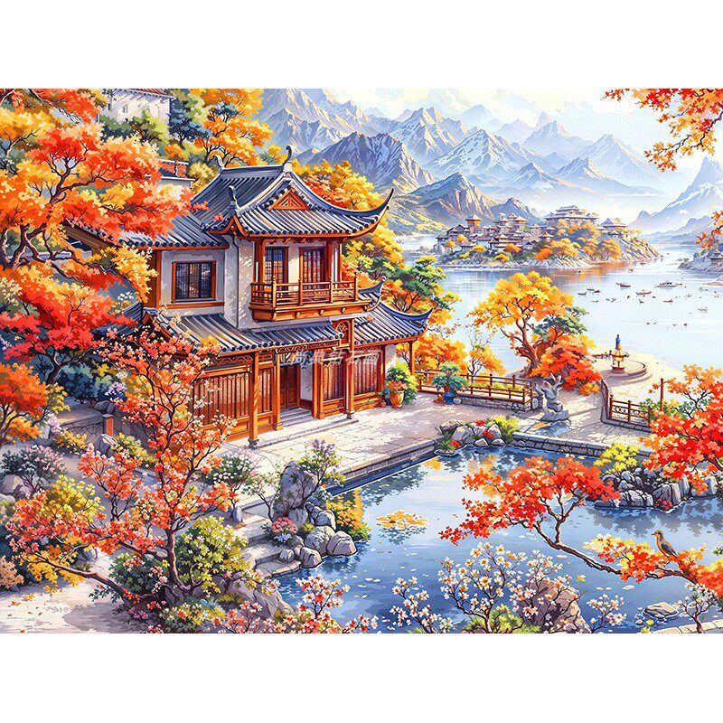 2025新款DIY方钻满贴钻钻石画钻石绣带钻套件湖边古建筑秋天风景