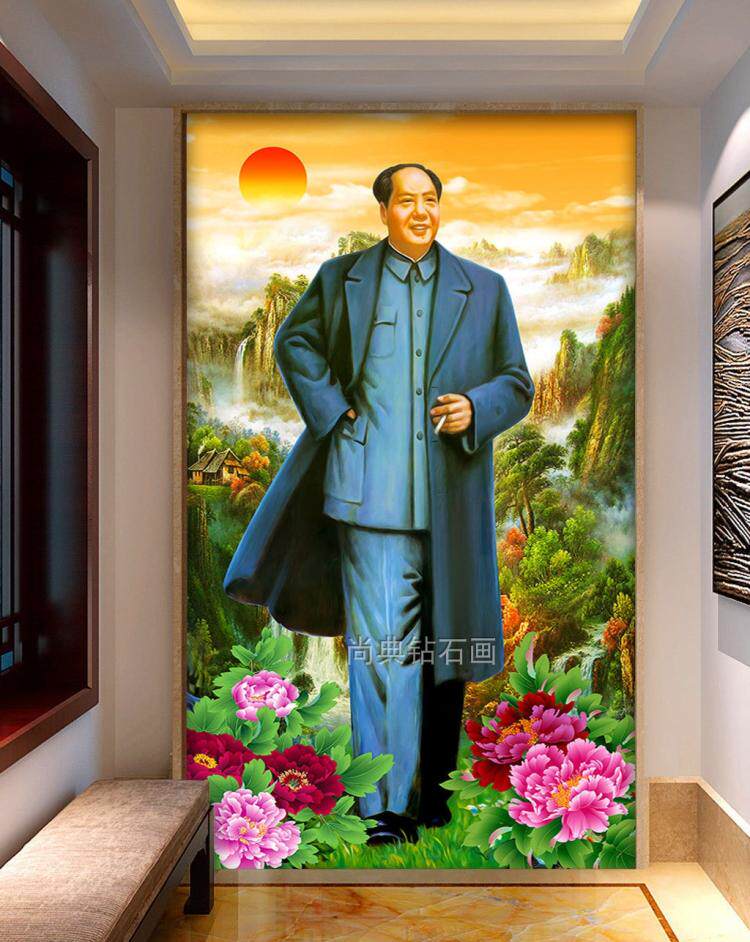 2018新款走廊方钻满钻钻石画贴钻十字绣毛主席旭日东升牡丹花玄关