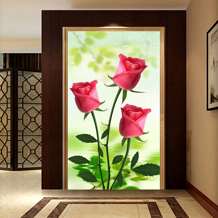 新款钻石画方钻满钻客厅粘钻十字绣砖石秀立体红玫瑰花玄关贴钻画