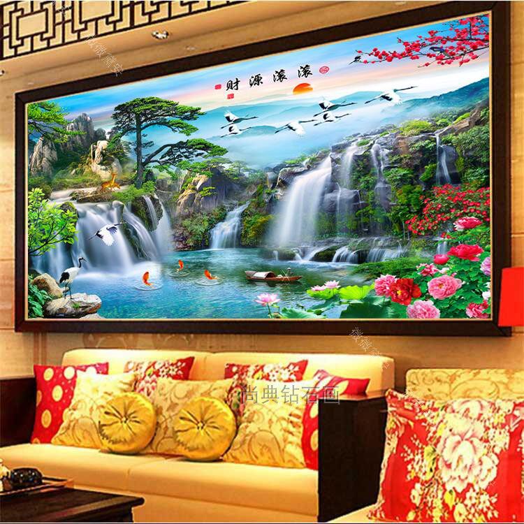 客厅方钻满沾钻钻石画贴钻画十字绣财源滚滚流水生财瀑布山水风景