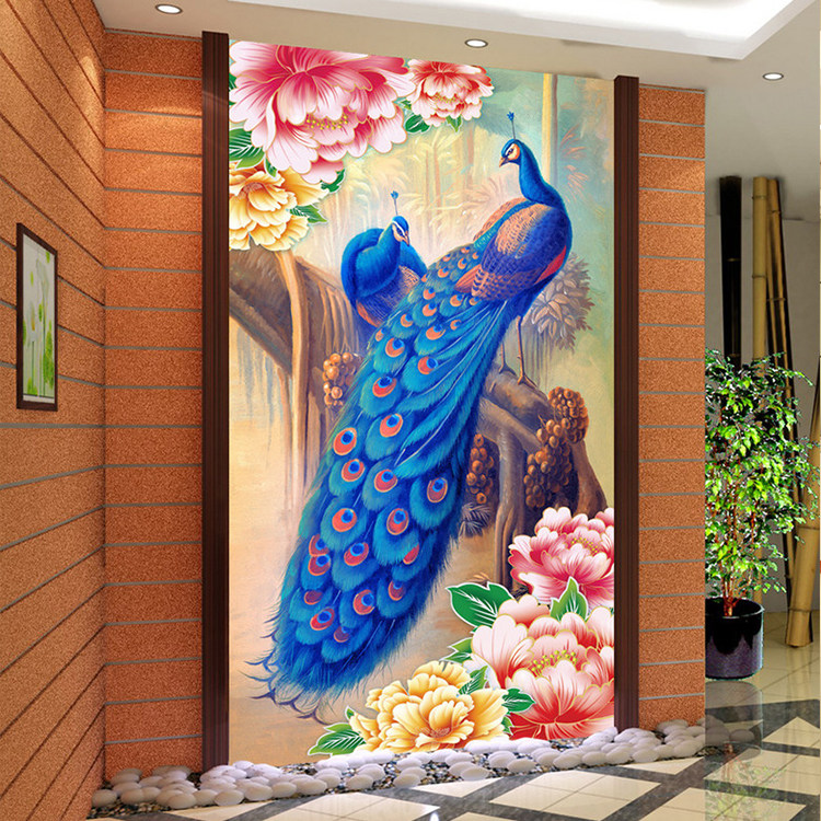 客厅砖石贴钻画孔雀玄关十字绣