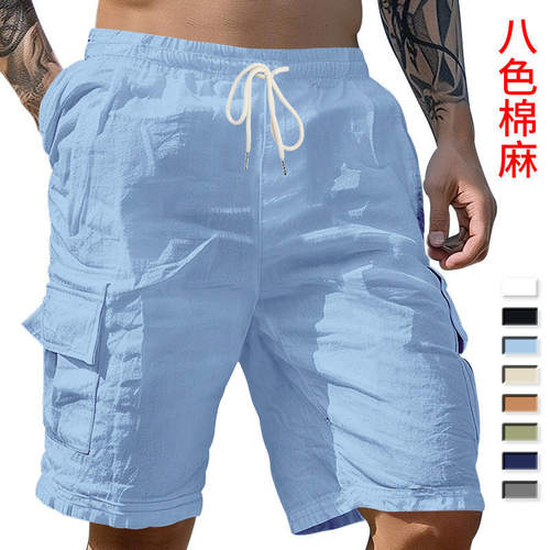 跨境欧美男士沙滩亲肤透气亚麻宽松工装多口袋深蹲慢跑休闲短裤男