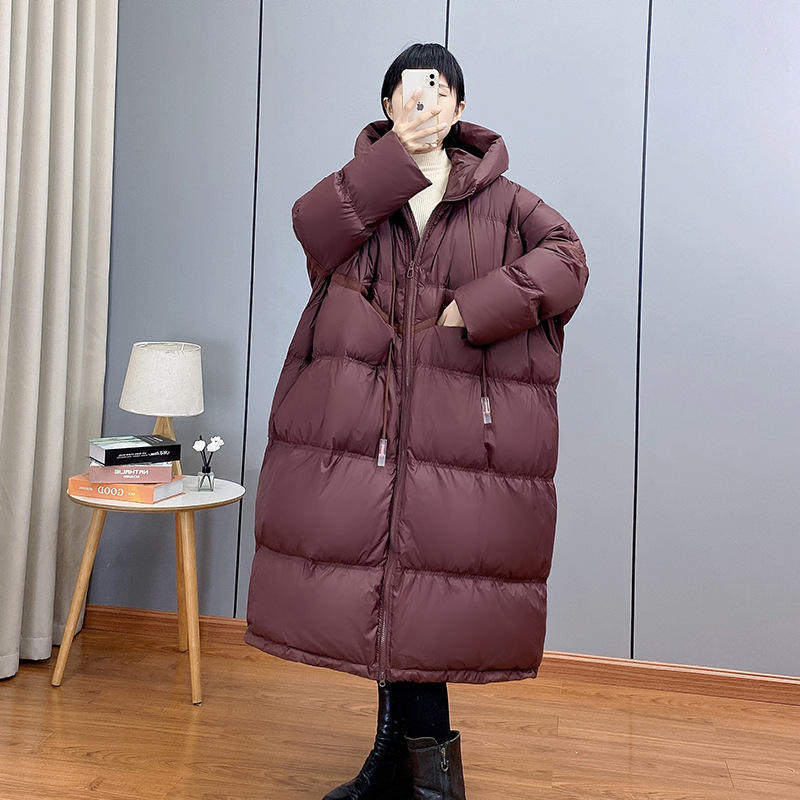 秋冬长款羽绒服女中长款过膝加厚韩版连帽白鸭绒外套潮涤纶