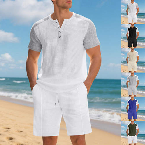 跨境亚马逊夏季大码美式宽松华夫格沙滩亨利衫短袖短裤休闲套装男