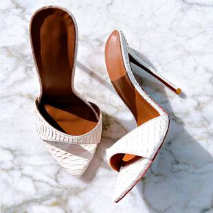 高跟鞋 跨境金属头时装 凉鞋 尖头白色蛇纹细跟走秀女鞋 hee sandals