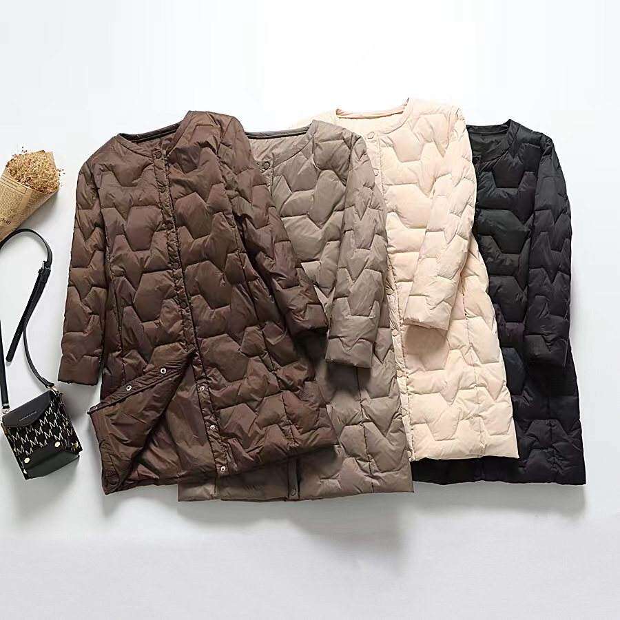 新款秋冬轻薄羽绒服女中长款无领外套内搭轻便圆领内胆修身潮