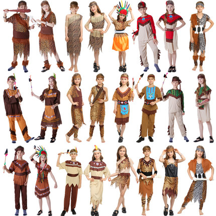 儿童野人演出服非洲土著原始人衣服舞蹈豹纹装猎人印第安表演服装