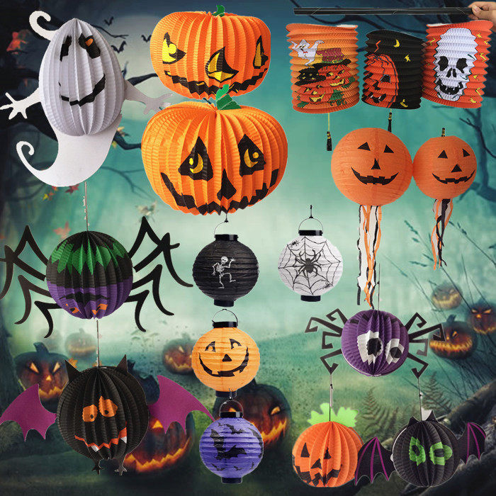 万圣节装饰品南瓜灯鬼节用品杰克骷髅手提七彩南瓜折叠纸灯笼灯串