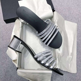 2023新款gz粗跟水钻凉鞋外穿一字拖鞋中跟露趾银色平底凉拖女夏季