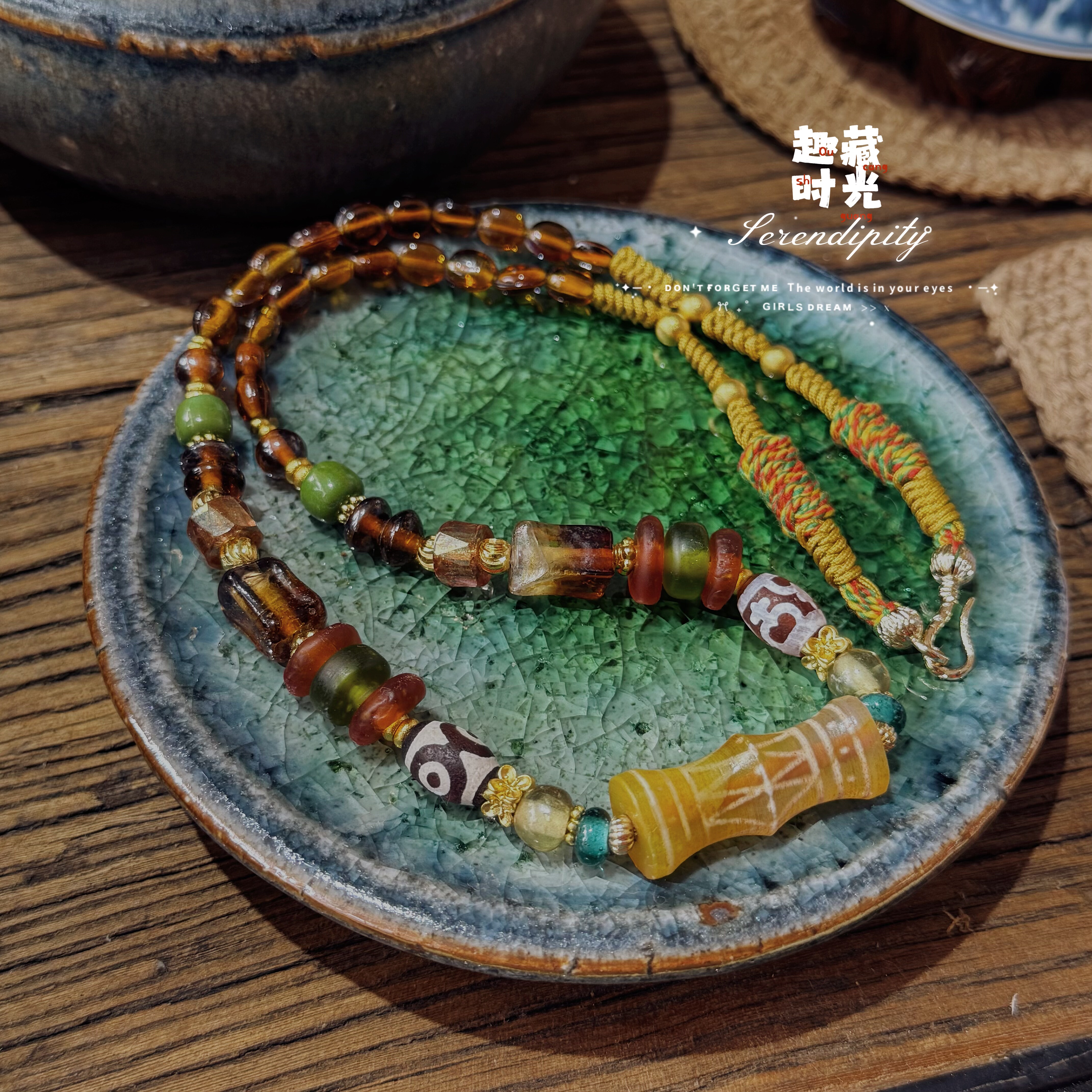 原创复古小香风手编小众老古珠老琉璃绿松石男女项链毛衣链锁骨链