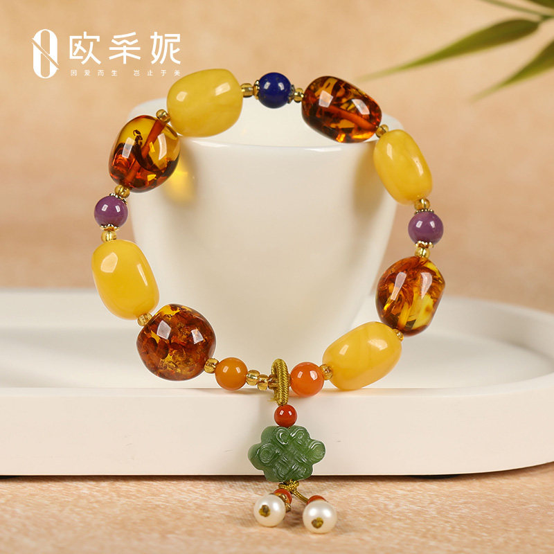 欧采妮天然蜜蜡多宝手串手链花珀