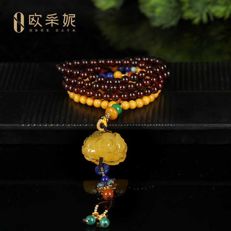 OUCERNY/欧采妮蜜蜡毛衣链天然无优化蜜蜡牡丹花吊坠南红玛瑙项链
