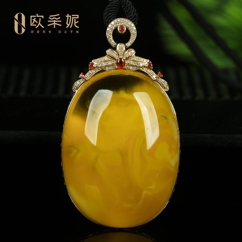蜜蜡吊坠【珍藏18k金镶大蛋面】天然琥珀白花蜜挂坠项链孤品俄料