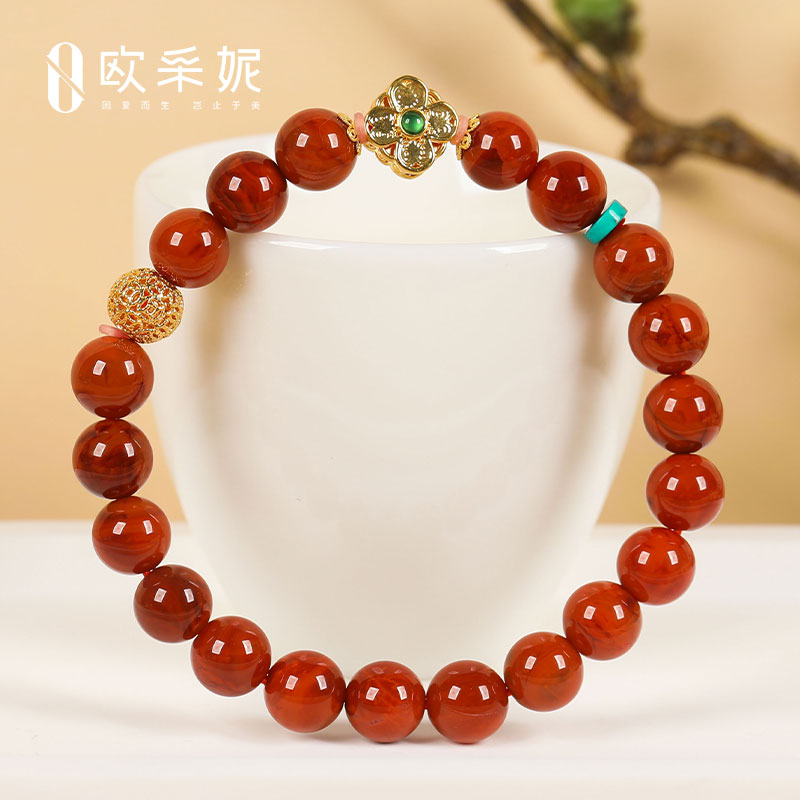 欧采妮南红手串天然凉山18k金扎基路路通牛血红玛瑙绿松diy手链