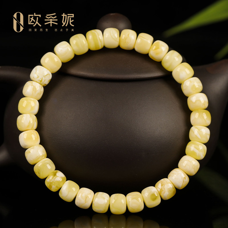 欧采妮蜜蜡手串收藏品金瓷白花蜜精工桶珠老形天然琥珀无优化手链