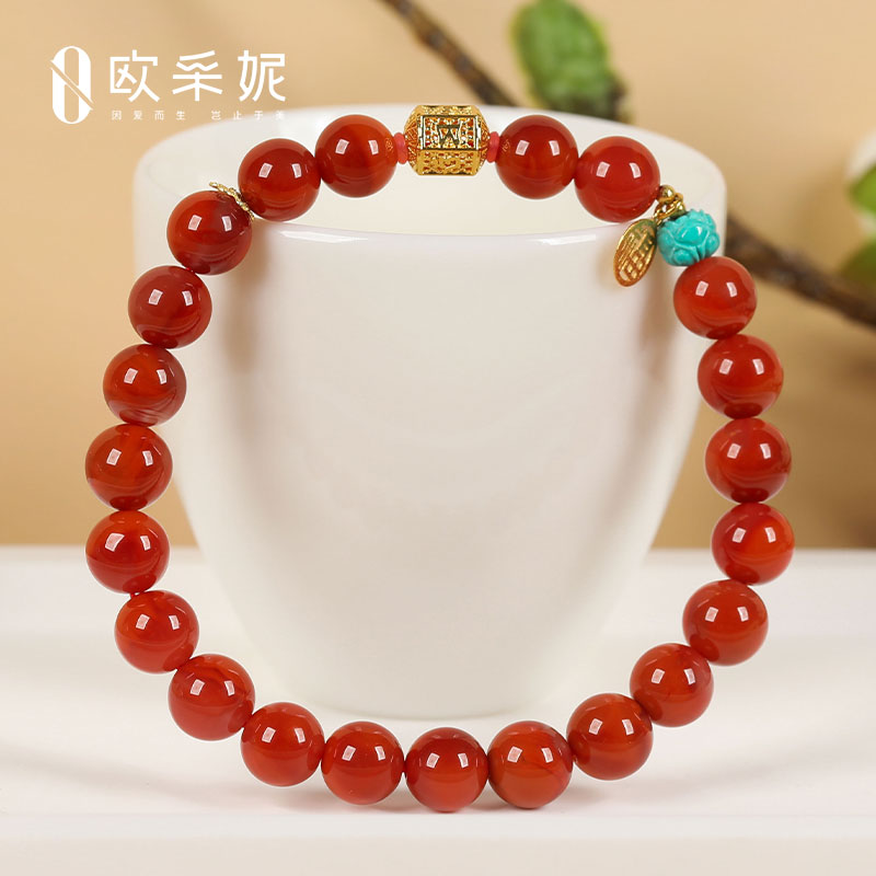 欧采妮南红手串天然凉山18k金六字真言福牌牛血红玛瑙绿松diy手链