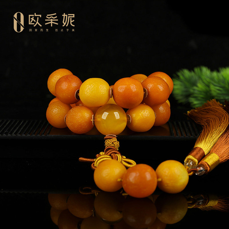 蜜蜡手串【孤品鸳鸯橘皮桶珠】天然原矿带皮无优化大佛珠手链手持