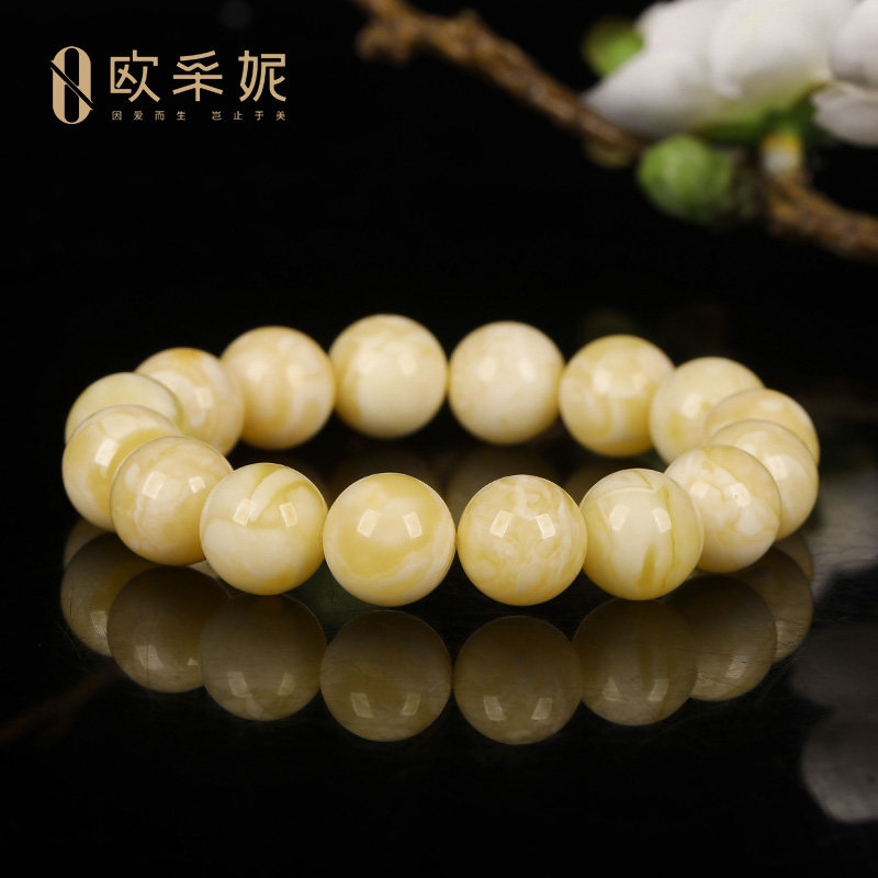 蜜蜡手串【收藏孤品金瓷白手串】天然琥珀原石白花新满蜜手链孤品