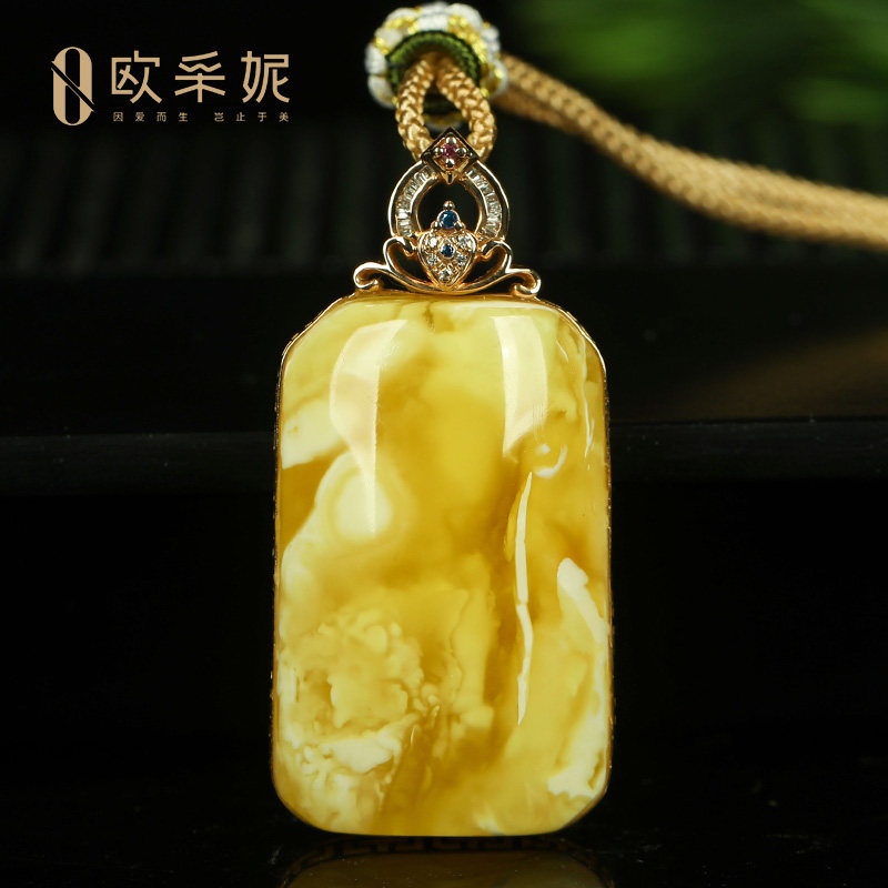 蜜蜡吊坠【珍藏妖花无事牌】天然琥珀18k金镶白花满蜜蜡挂坠俄料