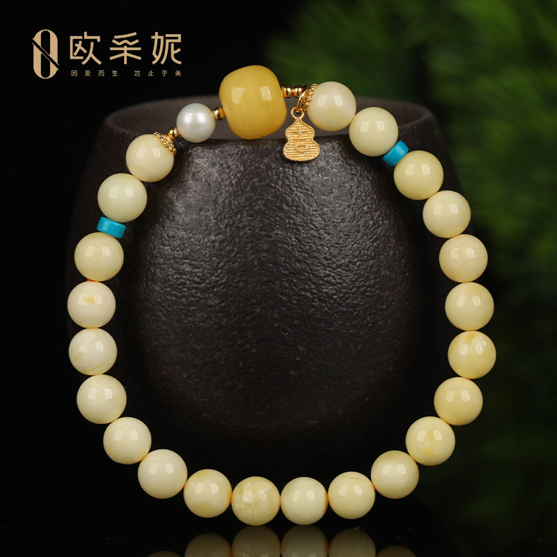 蜜蜡手串天然原石琥珀白蜡圆珠配鸡油黄桶珠银饰葫芦多宝diy手链