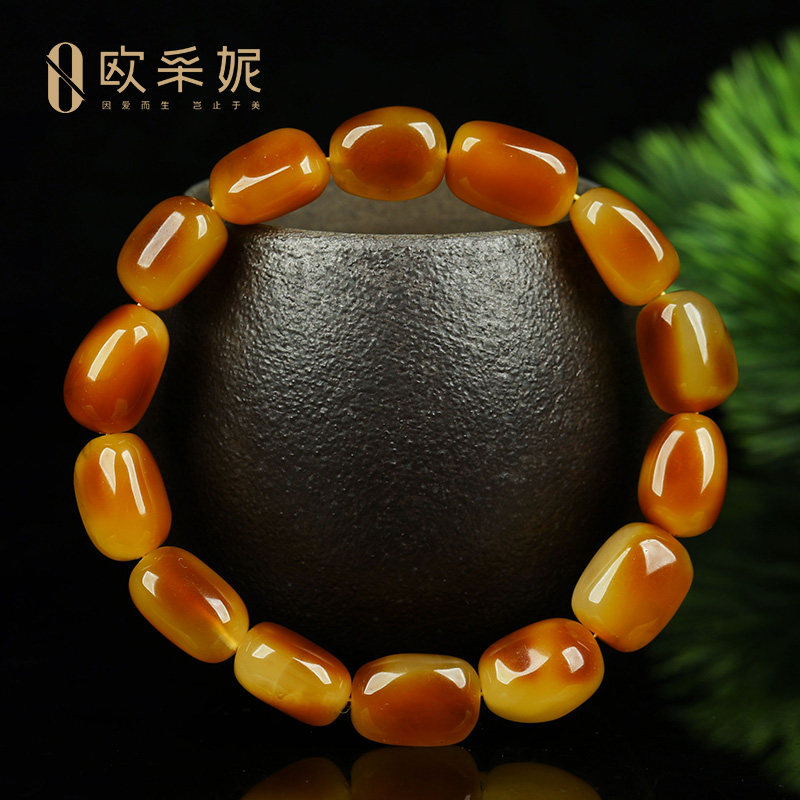 蜜蜡手串天然原矿琥珀原石带皮手链原形不规则单圈手饰女款俄料